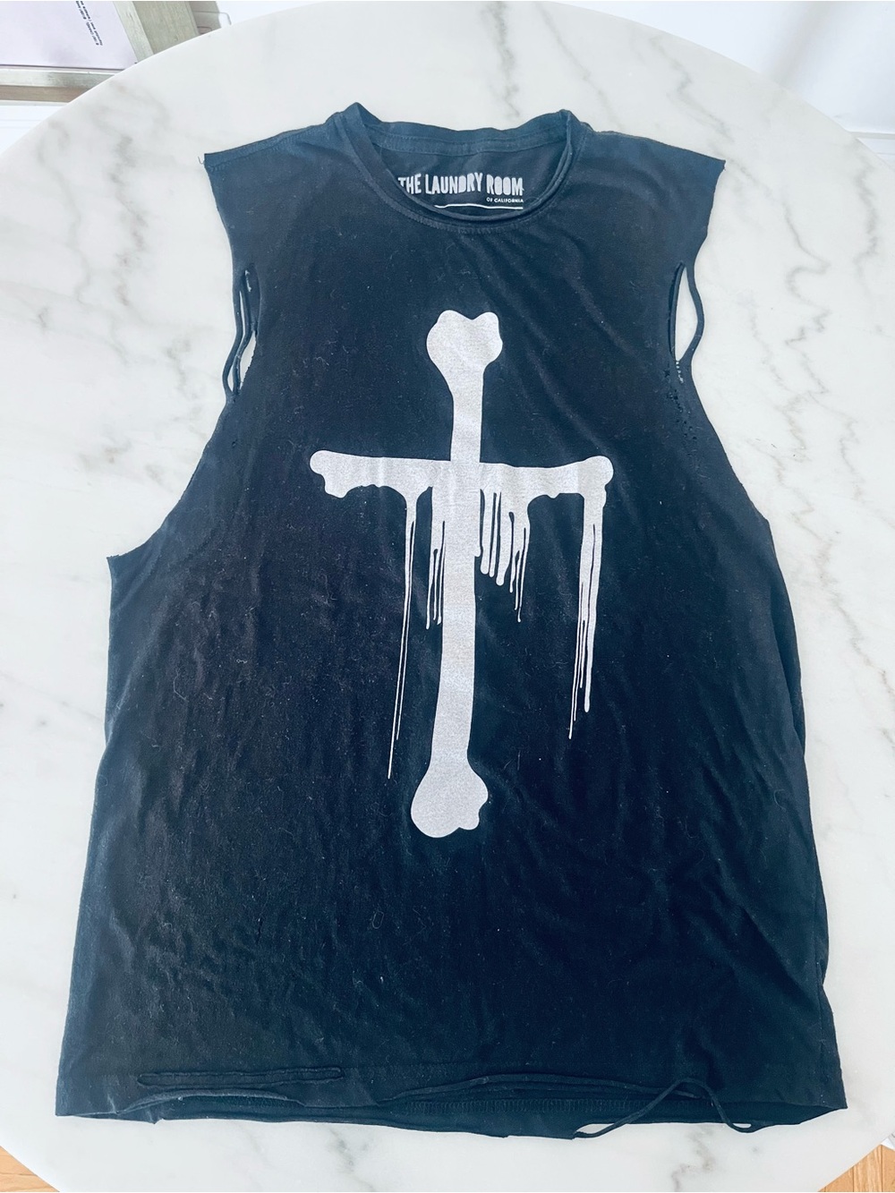 The Laundry Room Black Muscle Tank with White Drip Cross